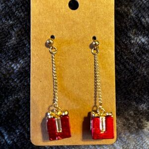Red and Gold Book Charm Christmas Dangle Earrings
